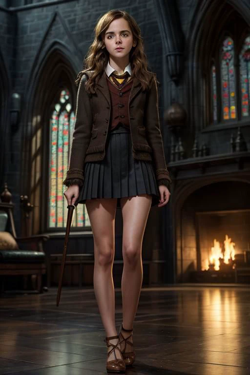 Emma Watson as Hermione Granger in Harry Potter, 21 years old, high heels, sexy, hit,  bushy brown hair and brown eyes, long hair, harry potter movies style, ((detailed facial features)),(detailed face:1.2) (freckles:1.1)(cute beautiful face:1.3)(((full body))), (hogwarts on background), ((((cinematic look)))), soothing tones,intricate scene, insane details, intricate details, hyperdetailed, low contrast, soft cinematic light, dim colors, exposure blend, hdr, faded, slate atmosphere, Studio Ghibli, ArtStation, CGSociety, Intricate, High Detail, Sharp focus,