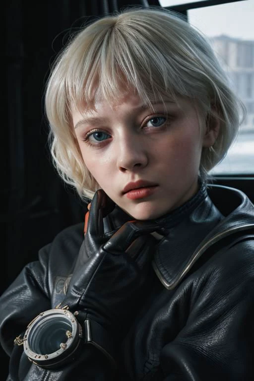 award winning movie still of a melodrama, full shot of a young platinum blond russian girl, wearing (russian soviet scifi retro futurist fashion, used worn out black leather:1.5), (sinister severe strict morbid expression:1.2), cornea reflections, rseemma, dry skin, skin pores, skin bump, skin fuzz, vellus hair, goose bump, subsurface scattering, transluscency, intricately detailed, dramatic lighting, analog film grain finishing, DSLRQuality-Realism