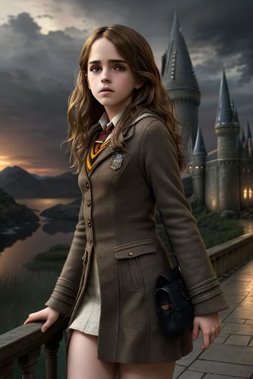 Emma Watson as Hermione Granger in Harry Potter, 21 years old, high heels, sexy, hit,  bushy brown hair and brown eyes, long hair, harry potter movies style, ((detailed facial features)),(detailed face:1.2) (freckles:1.1)(cute beautiful face:1.3)(((full body))), (hogwarts on background), ((((cinematic look)))), soothing tones,intricate scene, insane details, intricate details, hyperdetailed, low contrast, soft cinematic light, dim colors, exposure blend, hdr, faded, slate atmosphere, Studio Ghibli, ArtStation, CGSociety, Intricate, High Detail, Sharp focus,