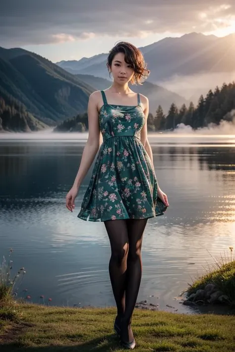 1 woman, detailed, realistic, standing, full body shot, Dawn, misty lakeside with a backdrop of mountains bathed in soft light. <lora:Flower_Print_Frock_by_Stable_Yogi:0.8>,green flower print frock,black_pantyhose, tutututu, <lora:tutuJG_00008:0.85>