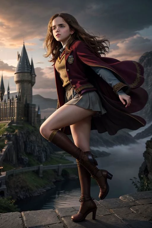 Emma Watson as Hermione Granger in Harry Potter, 35 years old, high heels, sexy, hit, bushy brown hair and brown eyes, long hair, harry potter movies style, ((detailed facial features)),(detailed face:1.2) (freckles:1.1)(cute beautiful face:1.3)(((full body))), (hogwarts on background), ((((cinematic look)))), soothing tones,intricate scene, insane details, intricate details, hyperdetailed, low contrast, soft cinematic light, dim colors, exposure blend, hdr, faded, slate atmosphere, Studio Ghibli, ArtStation, CGSociety, Intricate, High Detail, Sharp focus,