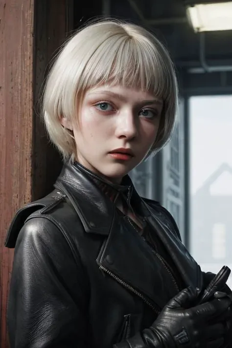 award winning movie still of a melodrama, full shot of a young platinum blond russian girl, wearing (russian soviet scifi retro futurist fashion, used worn out black leather:1.5), (sinister severe strict morbid expression:1.2), cornea reflections, rseemma, dry skin, skin pores, skin bump, skin fuzz, vellus hair, goose bump, subsurface scattering, transluscency, intricately detailed, dramatic lighting, analog film grain finishing, DSLRQuality-Realism