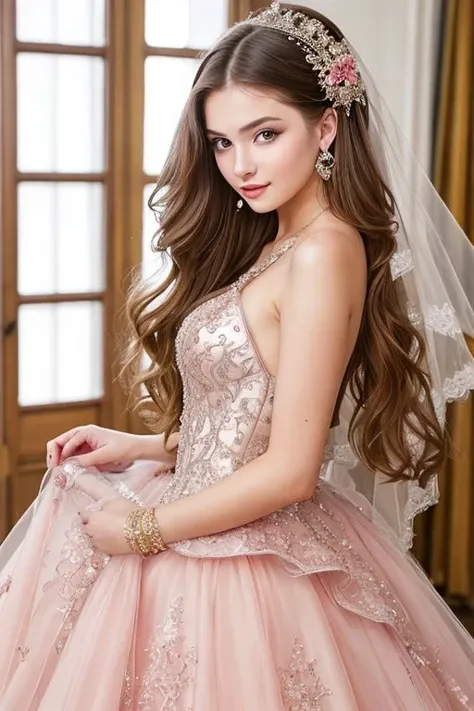 there's a girl, 12 anos, Loire, olhos azuis, Cabelos Longos, Tiara of flowers on the head, classic salmon dress, Photo in studio, um ponto de luz suave iluminando a modelo, artistic work, Ultra realista, 4k, Classic work, Estilo vitoriano, Renascimento