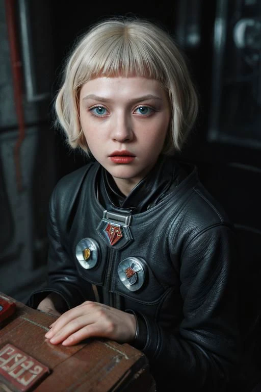 award winning movie still of a melodrama, full shot of a young platinum blond russian girl, wearing (russian soviet scifi retro futurist fashion, used worn out black leather:1.5), (sinister severe strict morbid expression:1.2), cornea reflections, rseemma, dry skin, skin pores, skin bump, skin fuzz, vellus hair, goose bump, subsurface scattering, transluscency, intricately detailed, dramatic lighting, analog film grain finishing, DSLRQuality-Realism