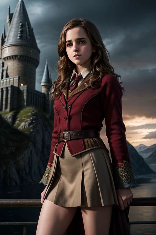 Emma Watson as Hermione Granger in Harry Potter, mature 35 years old, high heels, sexy, hit,  bushy brown hair and brown eyes, long hair, harry potter movies style, ((detailed facial features)),(detailed face:1.2) (freckles:1.1)(cute beautiful face:1.3)(((full body))), (hogwarts on background), ((((cinematic look)))), soothing tones,intricate scene, insane details, intricate details, hyperdetailed, low contrast, soft cinematic light, dim colors, exposure blend, hdr, faded, slate atmosphere, WB studio, Intricate, High Detail, Sharp focus,