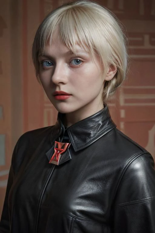 award winning still of a melodrama, full shot of a young platinum blond russian girl, wearing (russian soviet retro futurist fashion, black leather:1.5), (sinister expression:1.2), cornea reflections, rseemma, dry skin, skin pores, skin bump, skin fuzz, vellus hair, goose bump, subsurface scattering, transluscency, intricately detailed, dramatic lighting, analog film grain finishing, DSLRQuality-Realism