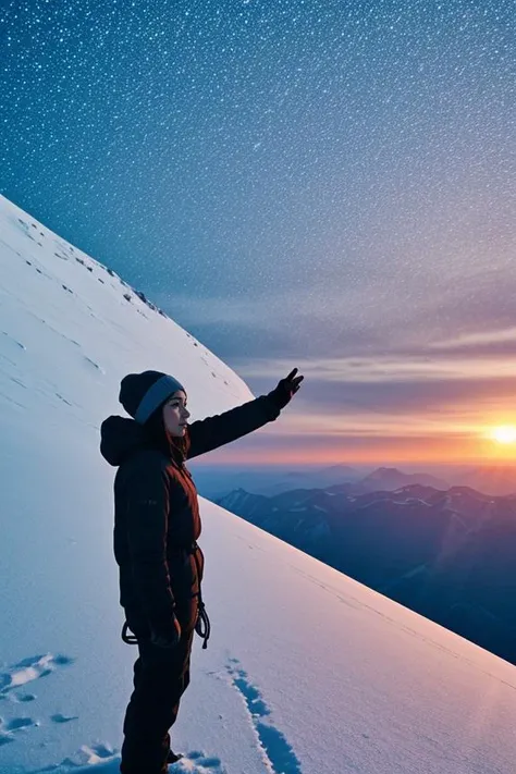 1. Female mountain climber (ethnicity: Caucasian, age: 30s) at the peak of a snow-covered mountain (setting: majestic, sunrise). She's wearing specialized climbing gear (fabric: insulated, weatherproof), with ice axes and safety ropes. Her hair is under a thermal beanie, and she has protective, minimal makeup. She's looking out over a breathtaking view (scenery: panoramic, snowy landscape), her pose triumphant and exhilarated.