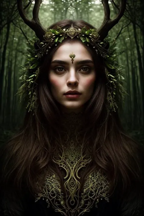 woman in a mythical forest, masterpiece, perfect face, intricate details, horror theme