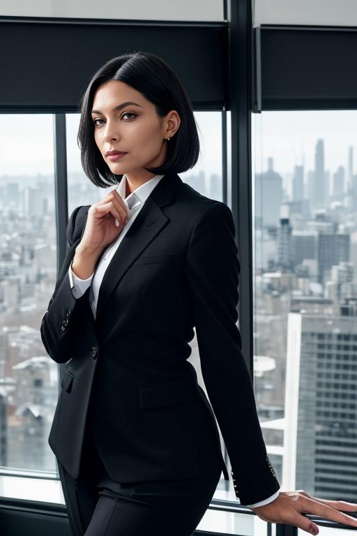 A woman in a black suit standing in front of a window - SeaArt AI