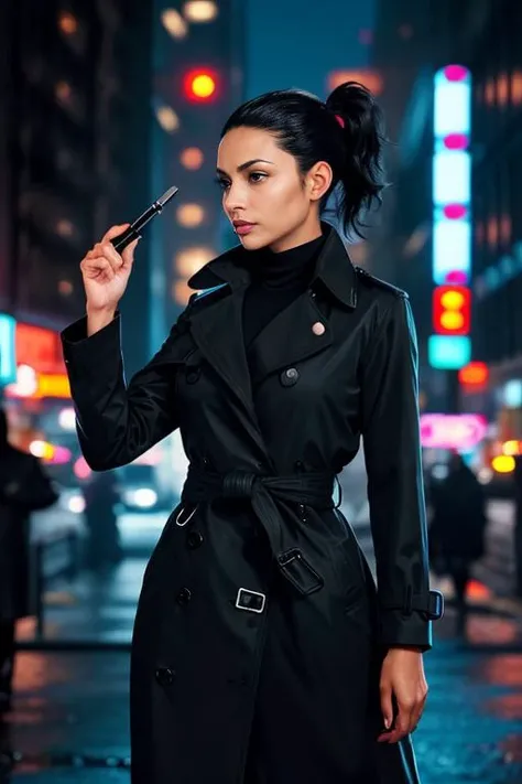 2. Female detective (ethnicity: Black, age: 30s) in a bustling city night (setting: neon-lit, urban). She's in a sleek trench coat (fabric: waterproof, dark) with her hair in a low ponytail, and sharp, understated makeup. She's examining clues (detail: focused, analytical), her stance determined and observant.