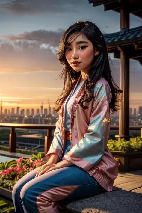 a profesional picture of 1 girl,teen girl,small breasts,astetic beauty, <lora:Mulan_character:0.69> MulanWaifu, japanese clothes, kimono, jacket, pants on sunset , in Floating Gardens of Tomorrow: A futuristic cityscape adorned with suspended gardens, floating effortlessly in the sky. Each garden is a marvel of engineering, showcasing a harmonious blend of lush vegetation and advanced technology. The gardens cast a vibrant array of colors as the setting sun paints the horizon, and the city's lights begin to illuminate the evening sky, creating a breathtaking, futuristic tableau. , siting, corss legs, smile, realistic ,perfect quality,best quality,ultrasharp,ultradetailed,perfect quality,masterpiece,intricated details, <lora:add_detail:0.4>