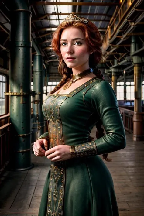 a profesional picture of 1 girl,,small breasts,astetic beauty,  <lora:FionaPrincess_Character:0.69> FionaWaifu, green dress, blue eyes, red hair, single braid, tiara, makeup, freckles   on sunset , in Steampunk Airship Port: An expansive steampunk airship port, where colossal airships are docked, their brass and copper exteriors gleaming in the sunlight. The hum of engines and the hiss of steam fill the air as workers clad in leather and goggles maneuver around the intricate clockwork mechanisms. The entire scene exudes a blend of industrial elegance and adventure, promising journeys to uncharted skies. , dancing  realistic ,perfect quality,best quality,ultrasharp,ultradetailed,perfect quality,masterpiece,intricated details,  <lora:add_detail:0.4>