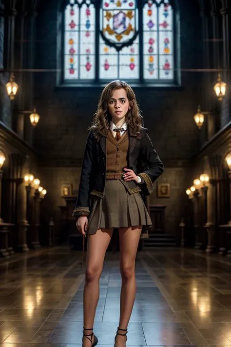 Emma Watson as Hermione Granger in Harry Potter, mature 35 years old, high heels, sexy, hit,  bushy brown hair and brown eyes, long hair, harry potter movies style, ((detailed facial features)),(detailed face:1.2) (freckles:1.1)(cute beautiful face:1.3)(((full body))), (hogwarts on background), ((((cinematic look)))), soothing tones,intricate scene, insane details, intricate details, hyperdetailed, low contrast, soft cinematic light, dim colors, exposure blend, hdr, faded, slate atmosphere, WB studio, Intricate, High Detail, Sharp focus,