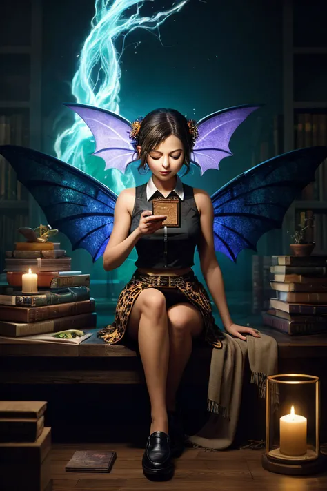 (masterpiece, best quality, ultra_detailed, highres, absurdres:1.2), fantasy, female Harpie, mythical creature, upper body of a woman, wings and lower body of a bird, vicious and malevolent, Late twenties, Buoyant, Central Asian, Gray eyes, Curled Ears, Bulbous Nose, Hollow Cheeks, Square face shape with Round Forehead, Violet Chignon hair, Contempt, Concentration Pose, Eyes closed, deep focus on spellcasting, Wyvern Wings wearing Dark gray Midi skirt with asymmetrical hem, Leopard print Lycra Turquoise Button-down shirt, Loafers, Stun (Mind control, Electromagnetic Blizzards, Flowing, Rubber Roofing Convection, Dark, Orange Spore Print Rune, Arcanist, Enkindle, Liquid magic:1.0), Inscribing talismans with symbols, imbuing them with specific powers, Faerie Lights, (glowing green eyes), Seated, surrounded by books and scrolls, deep in thought, Floating gardens with levitating plants and enchanted flowers., sfw
