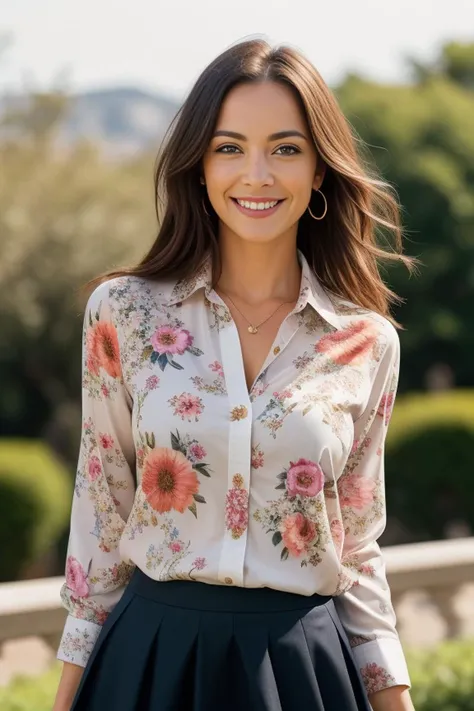 Masterpiece, absurdres, fine detail, HDR, highly detailed face and eyes, photorealistic, smiling, excited, isf, a woman in a floral shirt and a skirt, wearing isf <lora:isf:0.7>