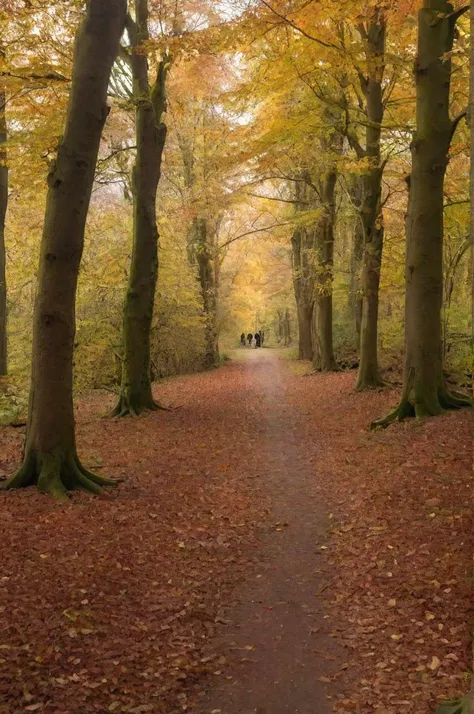 photograph, a path in the woods with leaves and the sun shining , by Julian Allen, dramatic autumn landscape, ears, park, take off, peace, rich cold moody colours, hi resolution, oaks