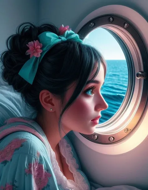 1girl, detailed eyes, detailed lips, blush, (photorealistic:1.3), (vibrant colors, 8k, high quality, shot on Fujifilm X-T4, 1/200, f16, ISO 1250), <lora:epiCRealismHelper:0.99>, <lora:Detail Slider V2 By Stable :0.4>, <lora:breastsizeslideroffset:0.3> huge breasts, cleavage, <lora:girllikeshipporthole:0.9> (porthole:1.2), (chiaroscuro:1.2), (lying on bed:1.2), blanket, hands on glass, leaning forward, walls, ocean, aurora, parted lips, updo, hair bow, sea lion