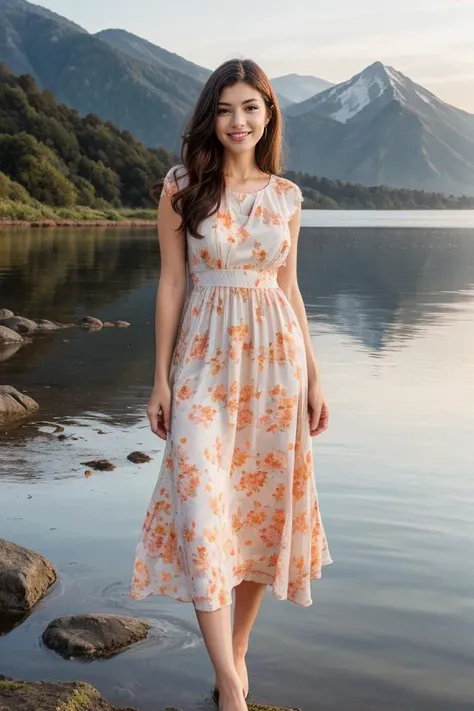 1 woman, detailed, realistic, standing, full body shot, Dawn, misty lakeside with a backdrop of mountains bathed in soft light.
<lora:Flower Print Frock by Stable Yogi:0.8>orange flower print frock