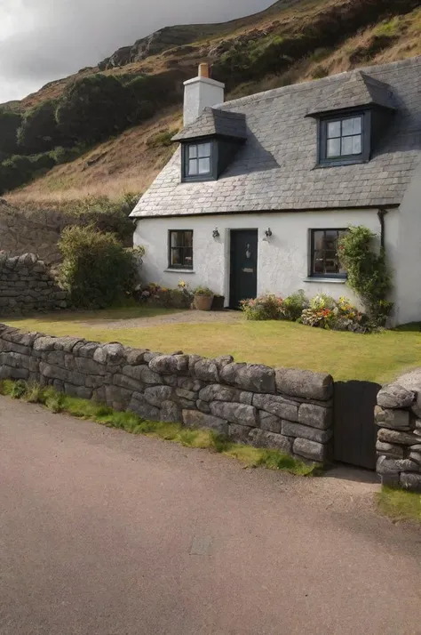a beautiful cottage, scotland coastal village, (sharp focus:1.2), extremely detailed, (photorealistic:1.4), (RAW image, 8k high resolution:1.2), RAW candid cinema, 16mm, color graded Portra 400 film, ultra realistic, cinematic film still, subsurface scattering, ray tracing, (volumetric lighting)