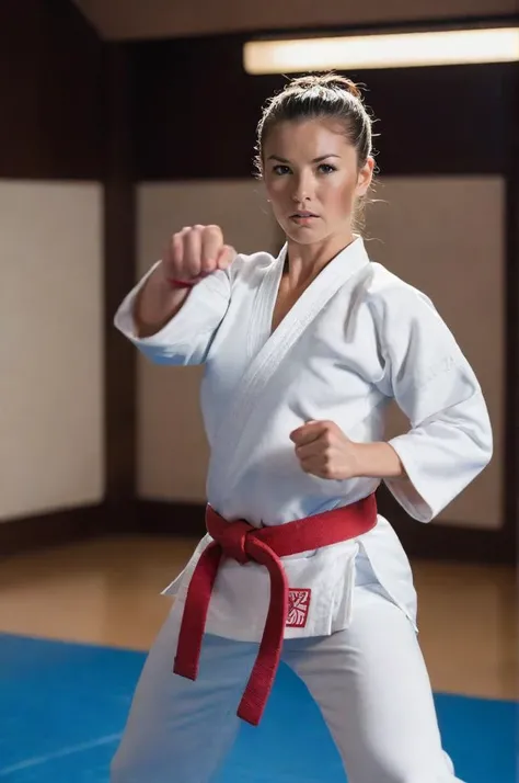 cinematic film still a bustyfit woman in a dojo wearing a karate uniform,karate,martial arts,<lora:add-detail-xl:0.5>,<lora:bustyfit>,bustyfit, . shallow depth of field, vignette, highly detailed, high budget, bokeh, cinemascope, moody, epic, gorgeous, film grain, grainy