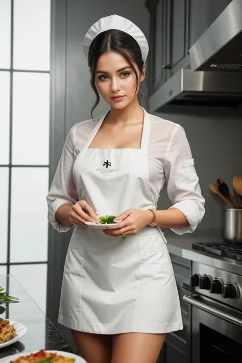 influencer-full-shot-by-stable-yogi 22. **A gourmet food influencer in a high-end restaurant kitchen**, working alongside a chef to plate a culinary masterpiece. She's dressed in a chic, kitchen-appropriate outfit, with an apron as a stylish accessory. The intricate details of the dish contrast with the bustling background of the professional kitchen.