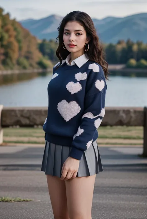 1girl, beautiful, detailed, masterpiece, looking at viewer, hour glass body, realistic scenic view, full body shot
<lora:Red_Heart_Dress_1812_By_Stable_Yogi:0.8> navy heart print sweater, wing collar shirt, pleated grey skirt, hoop earrings, jewelry