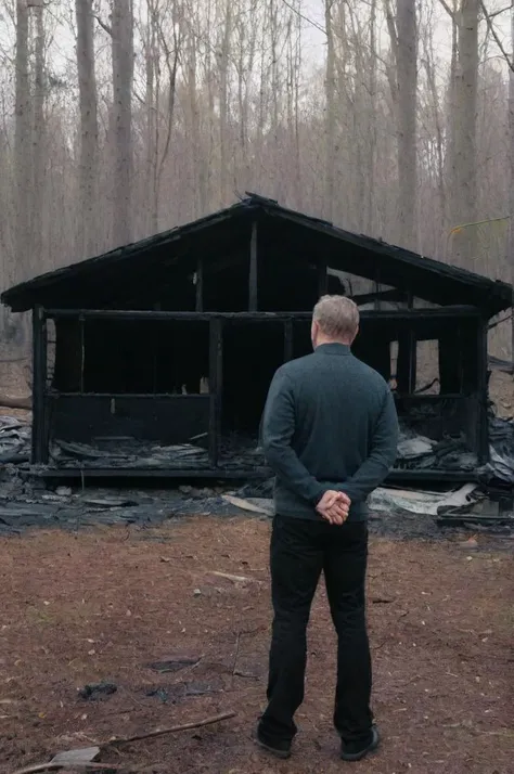 A sad man standing in front of a burnt down home in a forest, stunning details, 8k