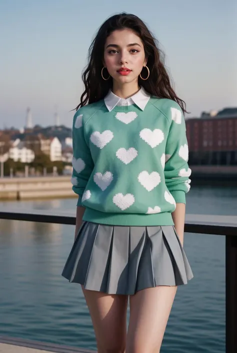 1girl, beautiful, detailed, masterpiece, looking at viewer, hour glass body, realistic scenic view, full body shot
<lora:Red_Heart_Dress_1812_By_Stable_Yogi:0.8> mint heart print sweater, wing collar shirt, pleated grey skirt, hoop earrings, jewelry