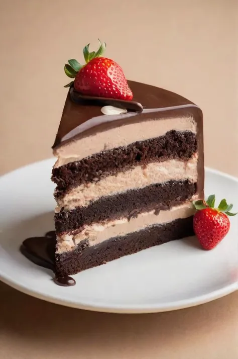 a photo of a cream chocolate cake, with chocolate topping and cream and a single strawberry, Warm side light from the left