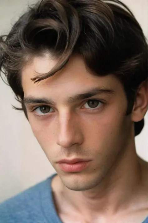 Portrait of a kind of a young man, twenty years with brown hair, childish, droopy eyes, unconventional beauty, moody atmosphere by Saul Leiter