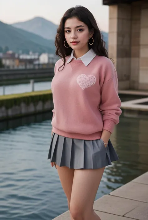 1girl, beautiful, detailed, masterpiece, looking at viewer, hour glass body, realistic scenic view, full body shot
<lora:Red_Heart_Dress_1812_By_Stable_Yogi:0.8> salmon heart print sweater, wing collar shirt, pleated grey skirt, hoop earrings, jewelry