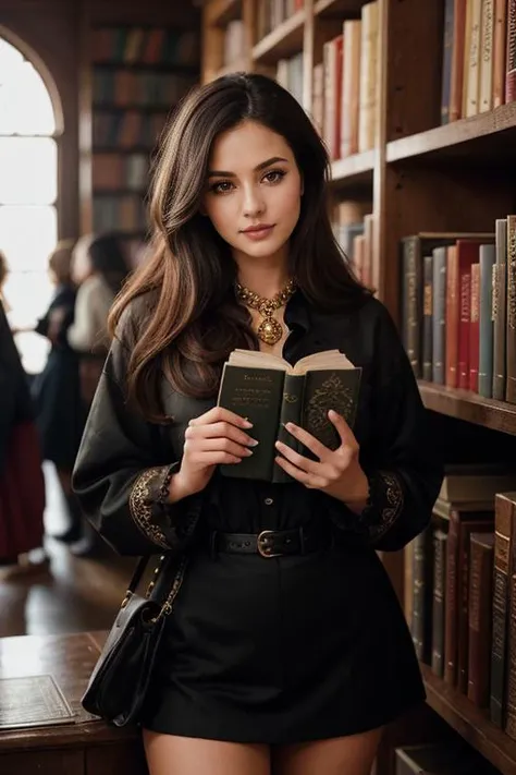 influencer-full-shot-by-stable-yogi 10. A book influencer in a quaint bookstore, browsing shelves filled with ancient tomes. She's wearing a comfortable, layered outfit ideal for a quiet day of reading. The warm, inviting atmosphere of the bookstore, with its rows of books and soft lighting, highlights her love for literature. Her hair is casually styled, and her makeup is subtle, reflecting a day spent in literary exploration.