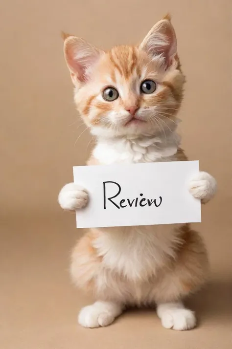 A photo of an anthropomorphic kitten, charming and lifelike, holding a 'Review' sign. Focus on natural allure with adorable, expressive features, blending kitten innocence and human-like awareness. Detail the fur, eyes, and posture meticulously. The 'Review' sign should match its playful character. Use soft lighting and a simple background to highlight the kitten and sign. Aim to engage viewers emotionally, portraying a unique, endearing narrative.