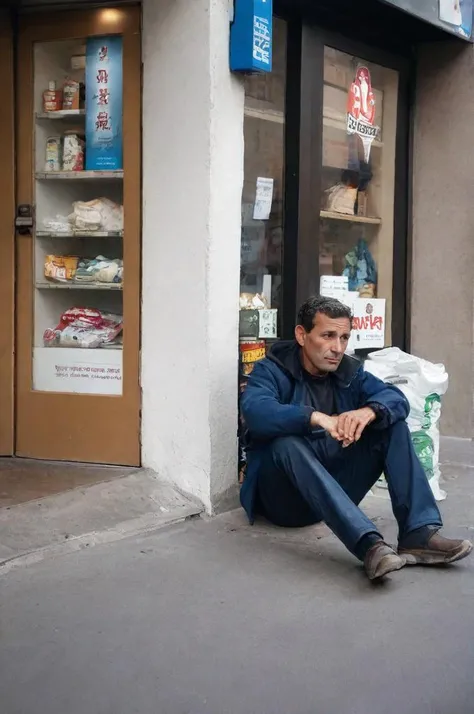 a man without work and livelihood sits on the sidewalk near a store in a noisy city