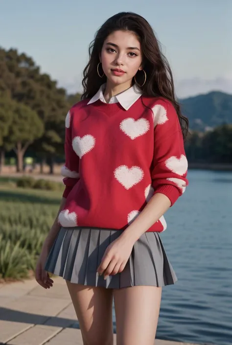 (realistic:1.3), finely detailed, quality, rembrandt lighting, (masterpiece:1.2), (photorealistic:1.2), (best quality), (detailed skin:1.3), (intricate details), dramatic, ray tracing, 1girl, japanese girl, 21 years old, detailed skin texture, (blush:0.5), (goosebumps:0.5), subsurface scattering, smiling, medium breasts, short hair curls, bangs, hair between eyes, h3artp34rlsw34t3r, white sweater, red and pearl hearts, tiered skirt, pantyhose, cowboy shot, (bright sunny day, outdoors, park, autumn scene, autumn trees, autumn leaves), <lora:h3artp34rlsw34t3r-08:0.9>