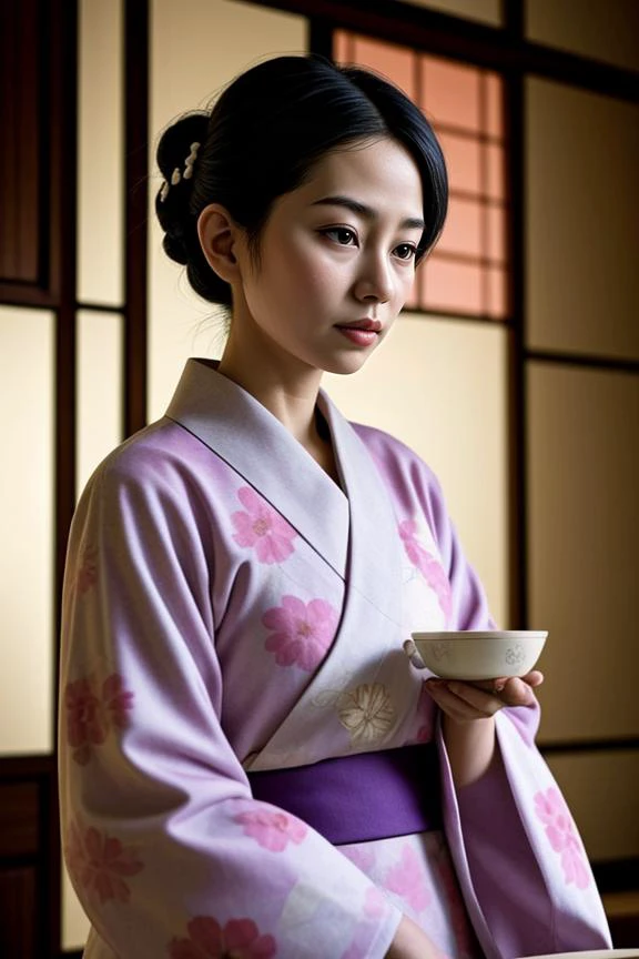 2. Elderly woman (ethnicity: East Asian, age: 80s) in a traditional tea house (setting: serene, Japanese style). She's wearing a classic kimono (fabric: silk, floral pattern) with her hair neatly styled in a traditional bun, and subtle, elegant makeup. She's performing a tea ceremony (detail: graceful, precise movements), her expression peaceful and experienced.