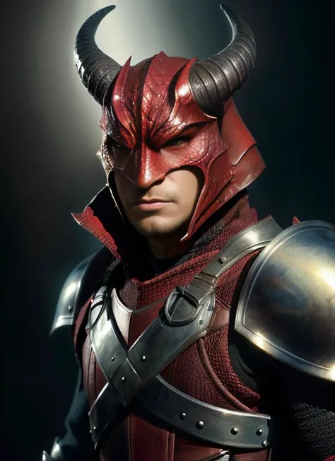 red dragonborn, male, horns, solo, scales, armor, tail, shoulder armor, pauldrons, portrait, closed mouth, black background
, ((masterpiece, best quality)), art by greg rutkowski <lora:dragonborn_offset:1>