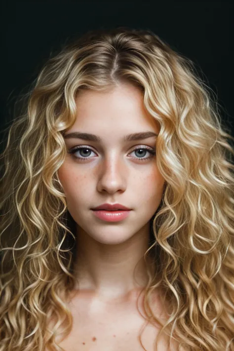 a portrait photo of a beautiful woman with curls and lots of freckles, (dirty blonde hair), (face portrait:1.5), dramatic light , Rembrandt lighting scheme, (hyperrealism:1.2), (photorealistic:1.2), shot with Canon EOS 5D Mark IV, detailed face, detailed hair