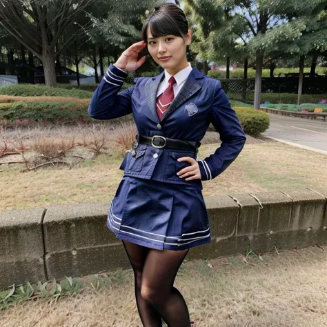 photo of woman KirikoDrive <lora:KirikoDrive:1> salute pose wearing black pantyhose, jacket, red necktie, short hair, black hair, belt, policeweoman, skirt, pantyhose
