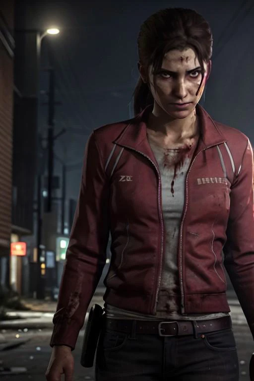 At night, at night, dark street,
wary 1girl, zoey, zoeyleft, ponytail, red jacket, white shirt, jeans, Exp_real, worried, dissheveled, zombie silhouettes in distance,