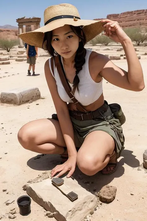 10. Female archaeologist (ethnicity: East Asian, age: late 30s) at an ancient excavation site (setting: desert, historic ruins). She's in practical field gear (fabric: lightweight, sun-protective) with a wide-brimmed hat. Her hair is in a functional braid, with sunscreen as makeup. She's carefully uncovering artifacts (tools: delicate, precise), her expression one of intense focus and discovery.