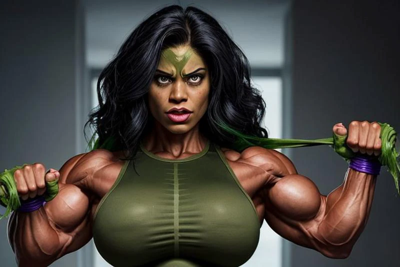 25 year-old superwomen transforming into her alter ego the incredible she hulk with enormous bulging muscles, growing muscles ripping apart superwoman suit apart
