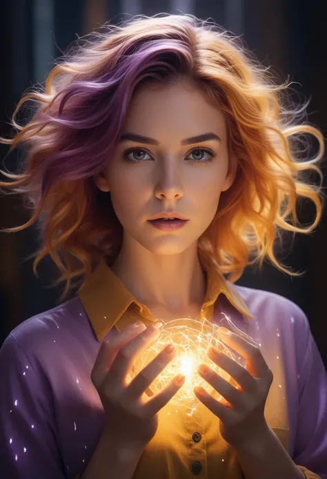 A surreal digital artwork featuring a young woman with vibrant purple hair, illuminated by bright, lightning-like tendrils emanating from its head. Her fiery blonde locks are wild and curly, appearing to explode outwards in an intense display of energy. Hair texture is complex, with fine strands visible against the darker background. His eyes glow orange-yellow, intensely focused on the viewer with a serious expression. She wears a mustard yellow button-up shirt with a pointed collar, his white spots visible on his forehead. His hands are stretched forward, palms open and cupped, holding sparkling orbs of yellow light with crackling electrical currents. The light emits a warm glow, illuminating his face and creating a mystical atmosphere. Small particles or sparks surround his hands, adding to the ethereal quality. The purple background contrasting sharply with the cool color palette with flashes of blue enhancing the mysterious ambiance. The general atmosphere is intense, captivating, and from another world, with high contrast and vibrant colors, focusing particularly on the warm hues of yellow and orange against the cooler background. The composition is centered on the subject's face and outstretched hands, with spectacular lighting that highlights the electrifying elements, creating a visually striking and dynamic scene.