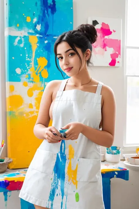 1. Young female artist (ethnicity: Middle-Eastern, age: 20s) in a bright art studio (setting: spacious, natural light). She's wearing a paint-splattered apron (fabric: canvas) over casual clothes, her hair in a relaxed bun, with minimal makeup. She's painting a large canvas (style: abstract, vibrant), her pose expressive and immersed in creativity.