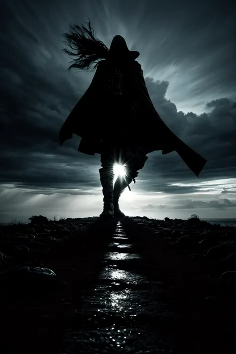 raw poster, (masterpiece, best quality:1.5), atmospheric and moody weather, sky partially obscured by dark swirling clouds, desolate heath at twilight, with storm clouds swirling overhead, ground is rough and muddy, scattered with jagged rocks, in the dim light, you see a shadowy figure standing in a dark tattered cloak, robes billowing in the wind, mysterious silhouette, dramatic lighting, ominous atmosphere, in the style of gothic art, visually captivating composition, incorporating the moonlight to create a hauntingly beautiful ambiance, contrasting shadows, extremely detailed
<lora:Detail-Slider-V3-By-Stable_yogi:0.8>