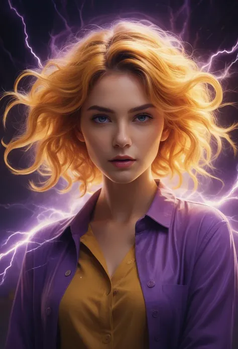 A surreal digital artwork featuring a young woman with vibrant purple hair, illuminated by bright, lightning-like tendrils emanating from its head. Her fiery blonde locks are wild and curly, appearing to explode outwards in an intense display of energy. Hair texture is complex, with fine strands visible against the darker background. His eyes glow orange-yellow, intensely focused on the viewer with a serious expression. She wears a mustard yellow button-up shirt with a pointed collar, his white spots visible on his forehead. His hands are stretched forward, palms open and cupped, holding sparkling orbs of yellow light with crackling electrical currents. The light emits a warm glow, illuminating his face and creating a mystical atmosphere. Small particles or sparks surround his hands, adding to the ethereal quality. The purple background contrasting sharply with the cool color palette with flashes of blue enhancing the mysterious ambiance. The general atmosphere is intense, captivating, and from another world, with high contrast and vibrant colors, focusing particularly on the warm hues of yellow and orange against the cooler background. The composition is centered on the subject's face and outstretched hands, with spectacular lighting that highlights the electrifying elements, creating a visually striking and dynamic scene.