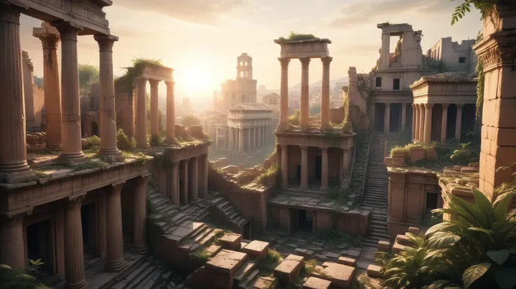 (photoart_style,realistic,film grain,4k) A highly detailed, realistic depiction of a ancient, ruined city, with crumbling architecture and overgrown vegetation, under the light of a golden, setting sun.