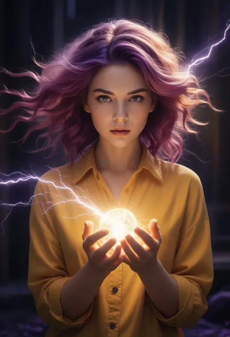 A surreal digital artwork featuring a young woman with vibrant purple hair, illuminated by bright, lightning-like tendrils emanating from its head. Her fiery blonde locks are wild and curly, appearing to explode outwards in an intense display of energy. Hair texture is complex, with fine strands visible against the darker background. His eyes glow orange-yellow, intensely focused on the viewer with a serious expression. She wears a mustard yellow button-up shirt with a pointed collar, his white spots visible on his forehead. His hands are stretched forward, palms open and cupped, holding sparkling orbs of yellow light with crackling electrical currents. The light emits a warm glow, illuminating his face and creating a mystical atmosphere. Small particles or sparks surround his hands, adding to the ethereal quality. The purple background contrasting sharply with the cool color palette with flashes of blue enhancing the mysterious ambiance. The general atmosphere is intense, captivating, and from another world, with high contrast and vibrant colors, focusing particularly on the warm hues of yellow and orange against the cooler background. The composition is centered on the subject's face and outstretched hands, with spectacular lighting that highlights the electrifying elements, creating a visually striking and dynamic scene.