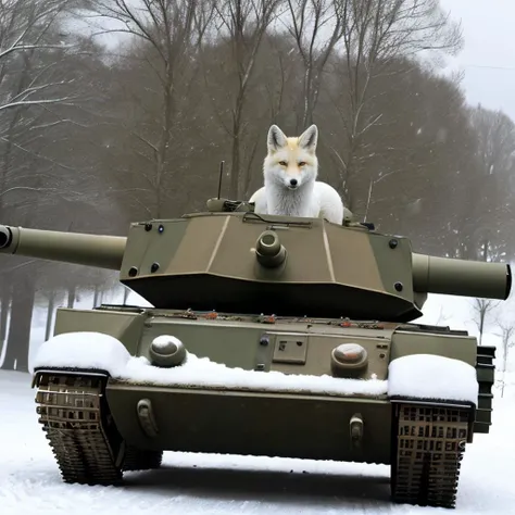 military tank with a white fox on the top, snow