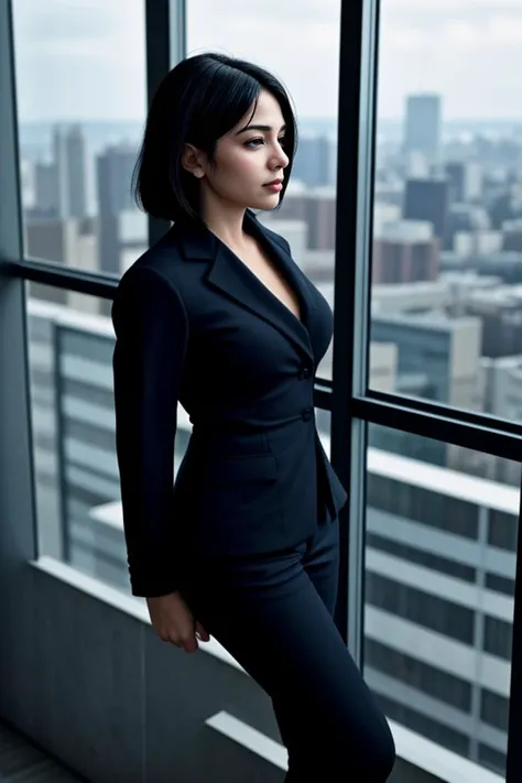4. Female executive (ethnicity: Black, age: 40s) in a high-rise office (setting: modern, overlooking a cityscape). She's in a sharp business suit (fabric: fine wool, tailored) with her hair styled in a sleek bob, and professional makeup. She's looking out the window (view: sprawling city below), her pose powerful and contemplative.
